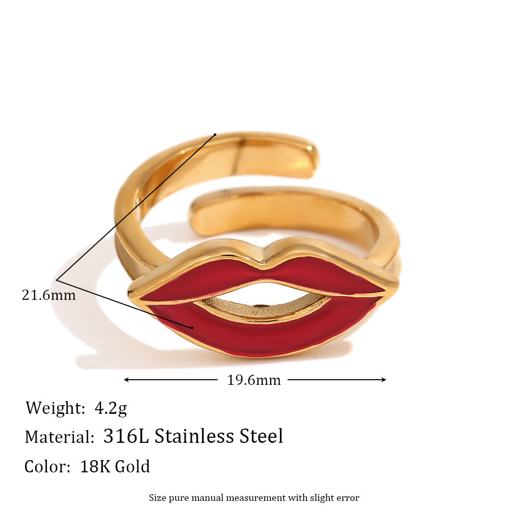 Fashionable Vintage-Style Lip-Shaped Open Band Ring for Women Made of Stainless Steel with 18K Gold Plating and Geometric Design