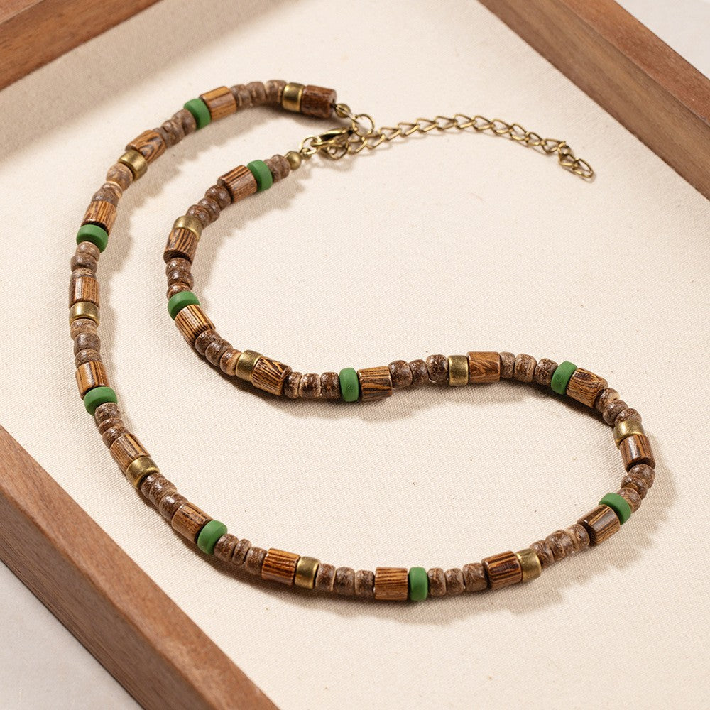 Bohemian Geometric Wood Bead Turquoise Short Necklace for Men