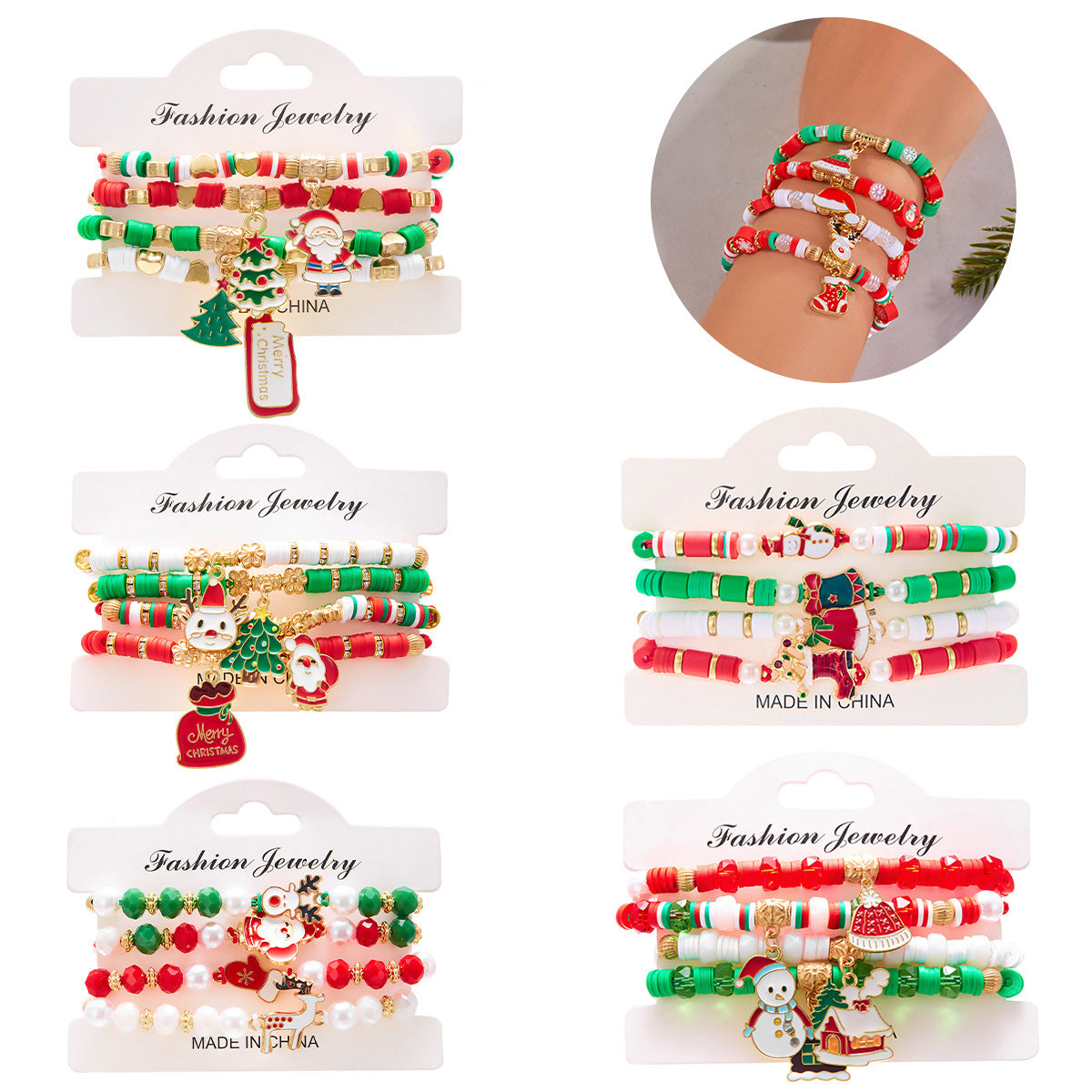 Juego de Pulseras Artesanales Navideñas con Dijes de Papá Noel y Renos en Resina, Arcilla Polimérica y Aleación con Detalles de Cristal y Vidrio para Mujer