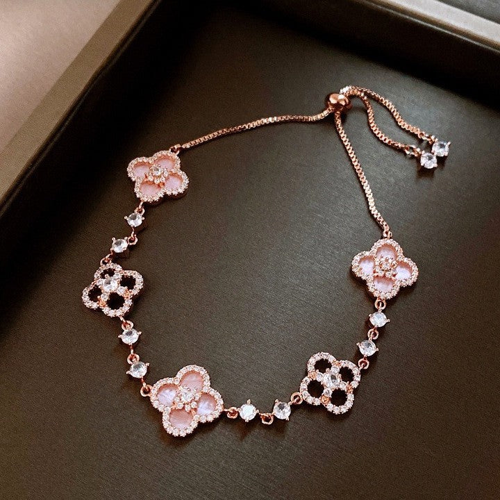 Elegant Geometric Floral Bracelet for Women in Plated Copper with Rhinestone Accents, Minimalist Office Style Hand Jewelry