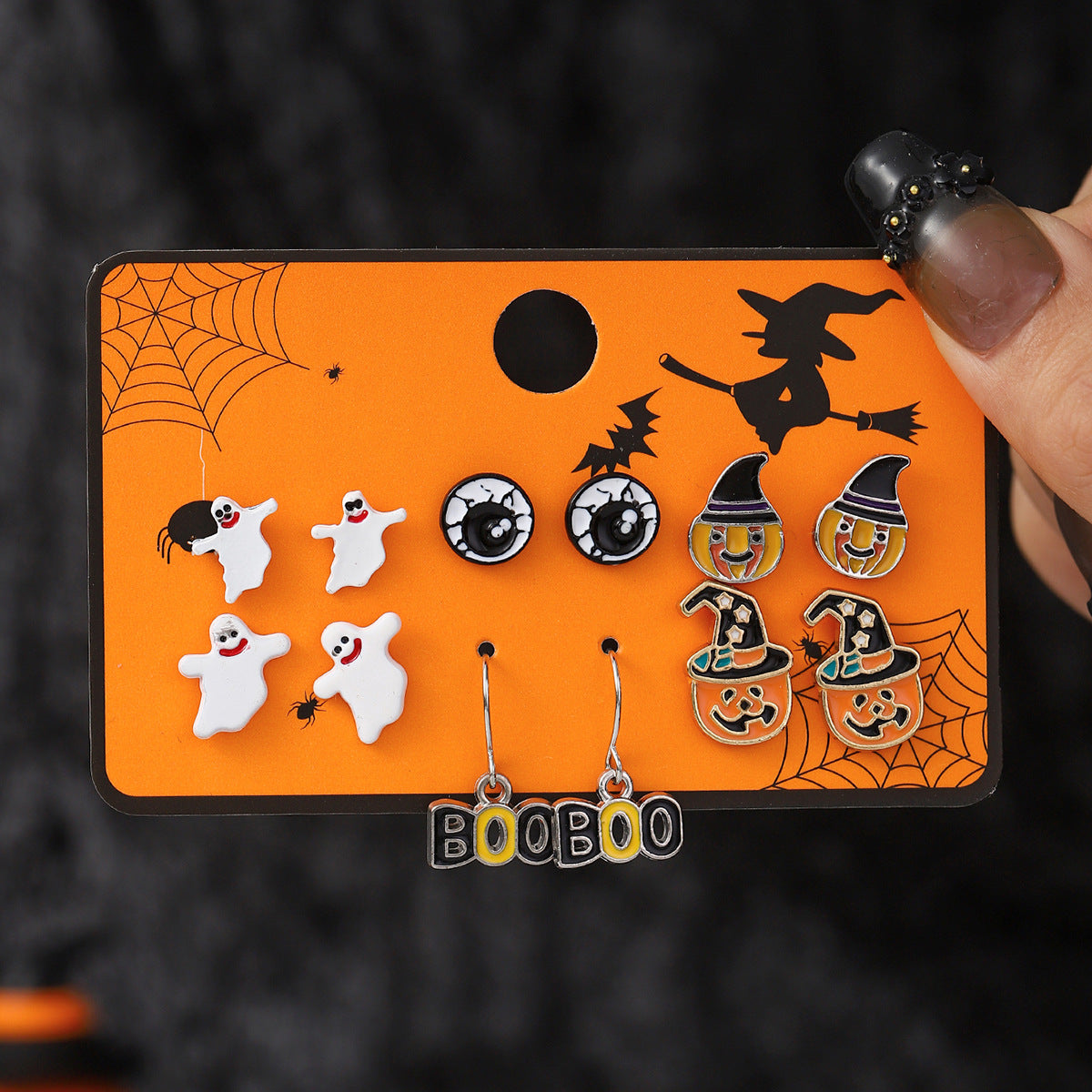 Juego de pendientes de tuerca de calabaza, fantasma y murciélago de Halloween estilo caricatura oscura en aleación con postes de acero inoxidable