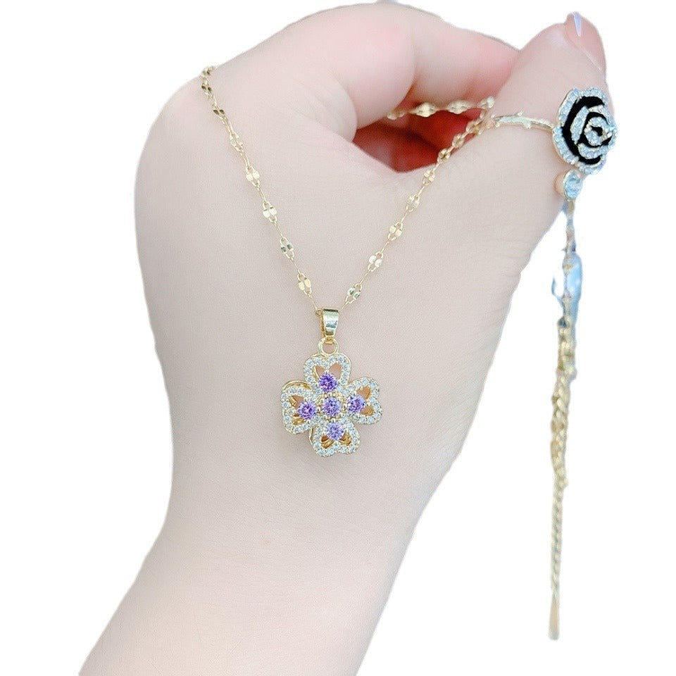 Collana da Donna con Ciondolo Trifoglio Fortunato Girevole in Acciaio Inossidabile Placcato, Girocollo Corto con Maglia a O