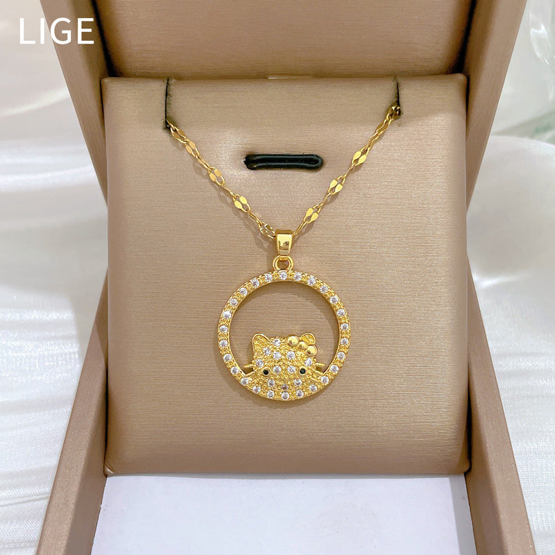 Collana girocollo minimalista a cerchio con ciondolo a forma di gatto per uomo e donna in acciaio al titanio con strass e catena delicata