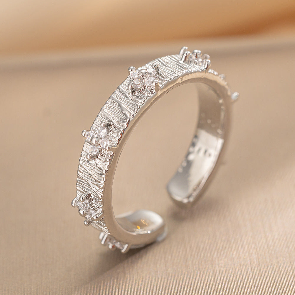 Luxury Minimalist Adjustable Open Ring for Women with Gold-Plated Copper Band and Zircon Stone Accent in Heart and Floral Shape