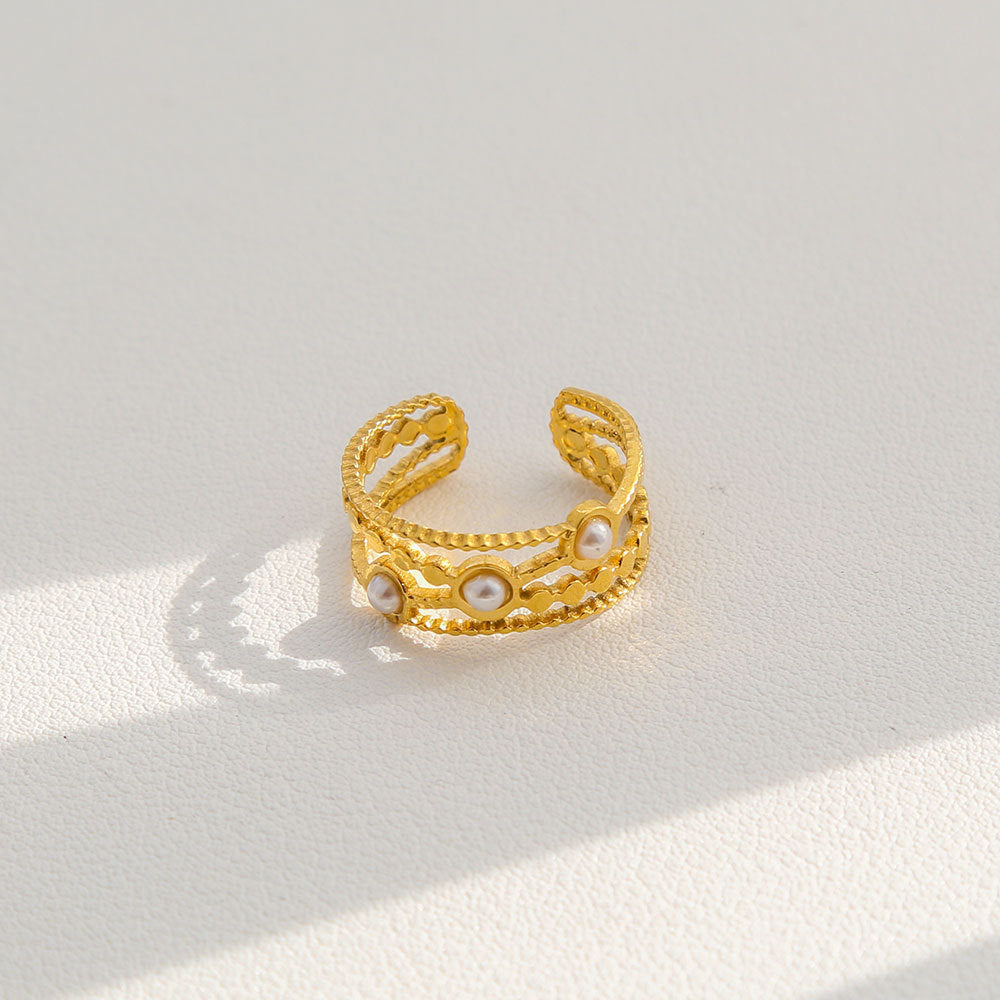 Vintage Instagram Style Adjustable Geometric Stainless Steel Ring with 18K Gold Plating for Women
