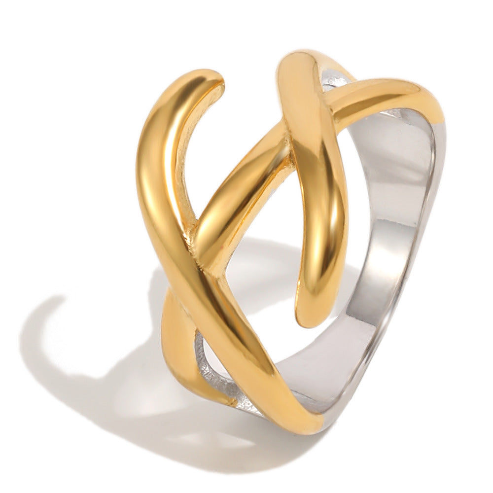 Fashion Minimalist Two-Tone Geometric Stainless Steel Gold Plated Ring for Women