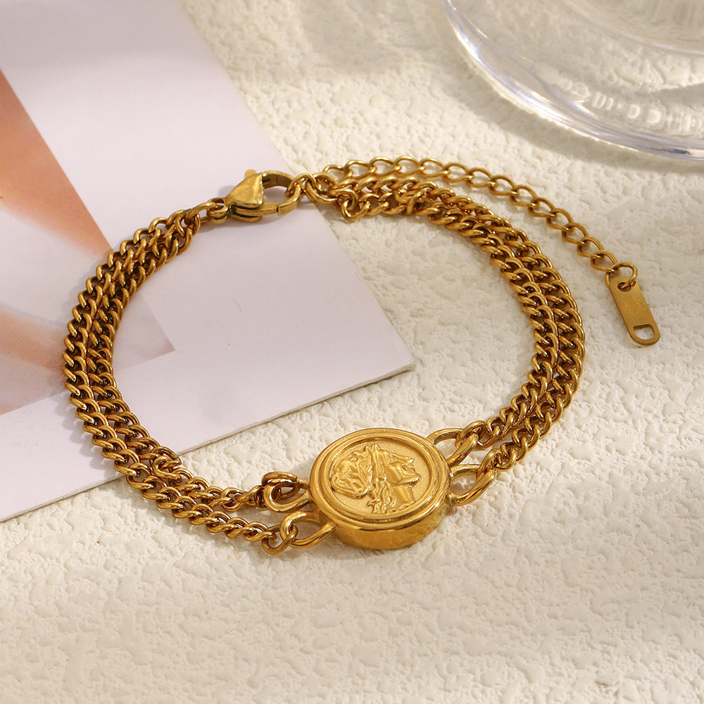 Fashionable Vintage Geometric Stainless Steel Plated 18K Gold Double Layer Queen Portrait Bracelet for Women