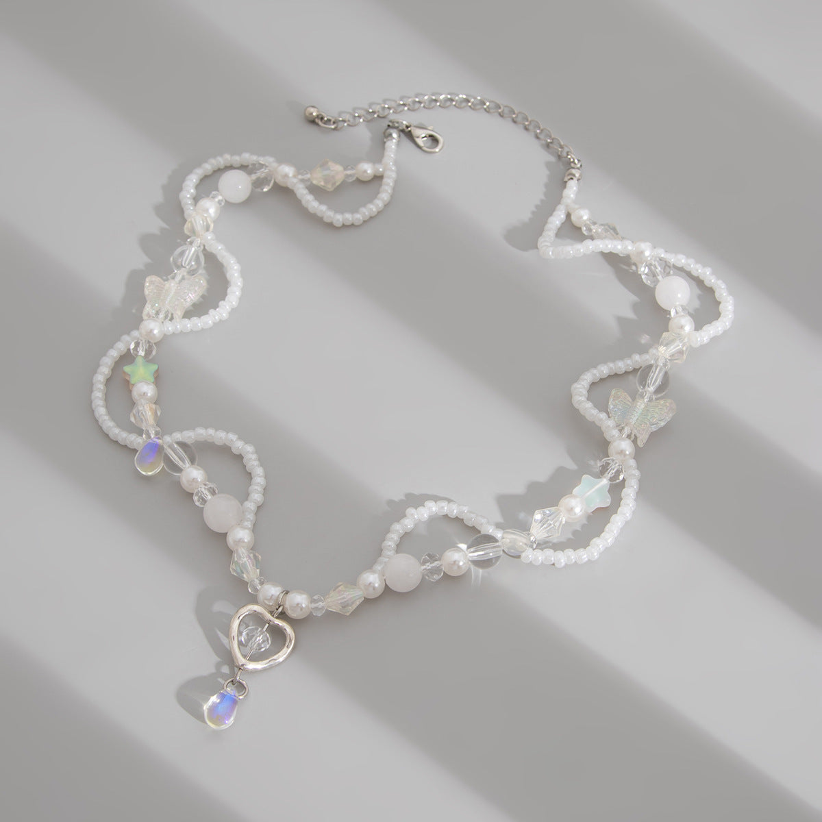 Sweet Minimalist Heart and Geometric Pendant Necklace with Acrylic Beads Rhinestone Accents and Enamel Finish for Women