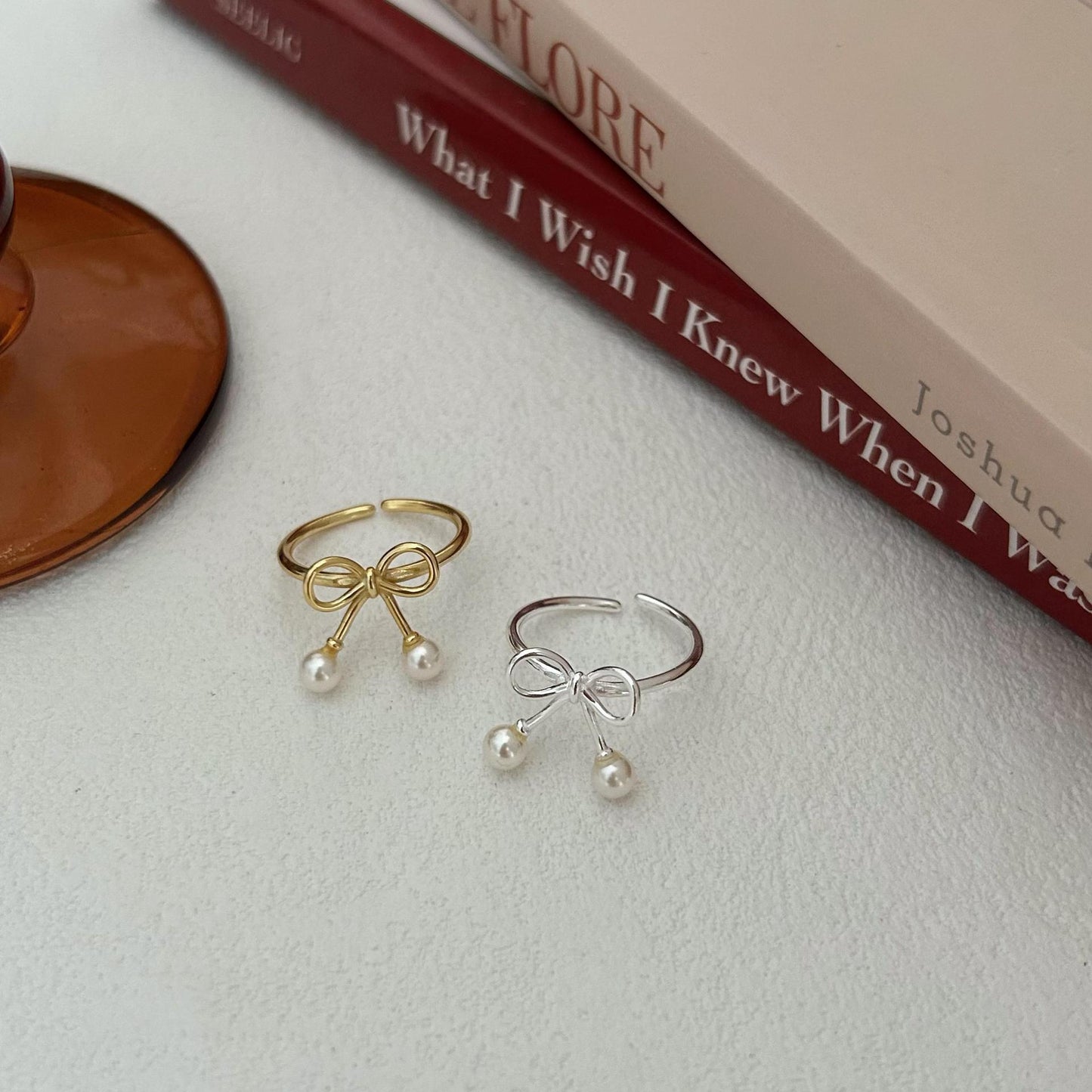Minimalist Sweet 925 Sterling Silver Bow Ring with Pearl Inlay Plated Finish for Women