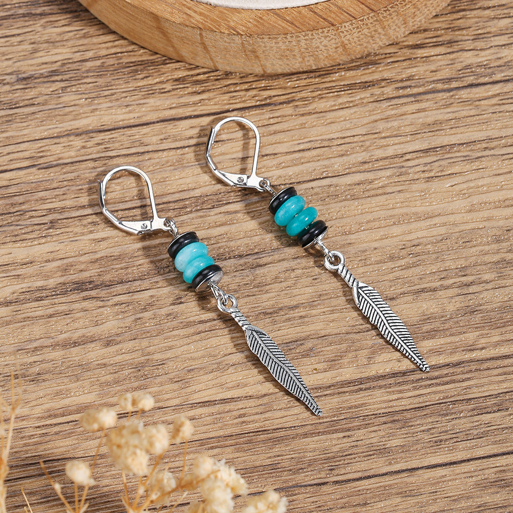 Vintage Bohemian Leaf Cross Geometric Alloy and Brass Earrings with Turquoise and Imitation Pearl
