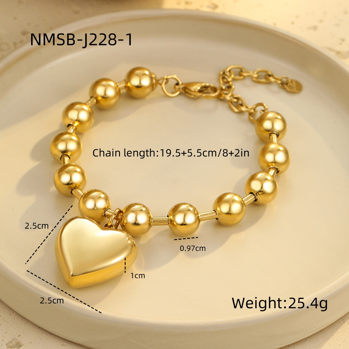 Pulsera con cuentas de acero inoxidable chapado en oro de 18 quilates con diseño de corazón minimalista de moda para mujer