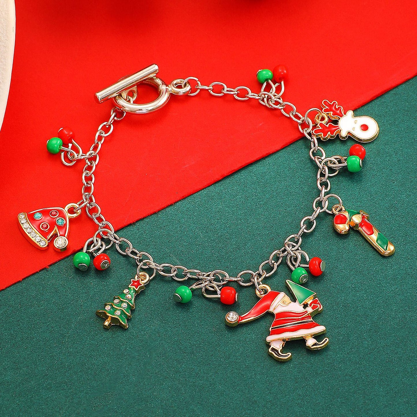 Braccialetto con ciondoli albero di Natale, Babbo Natale, renne e fiocchi di neve, stile neutro, per donna, con base in lega e finitura in smalto