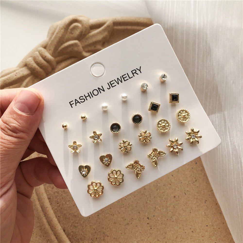 Minimalist Casual Geometric Butterfly Floral Gold Plated Stainless Steel Rhinestone Stud Earrings Set