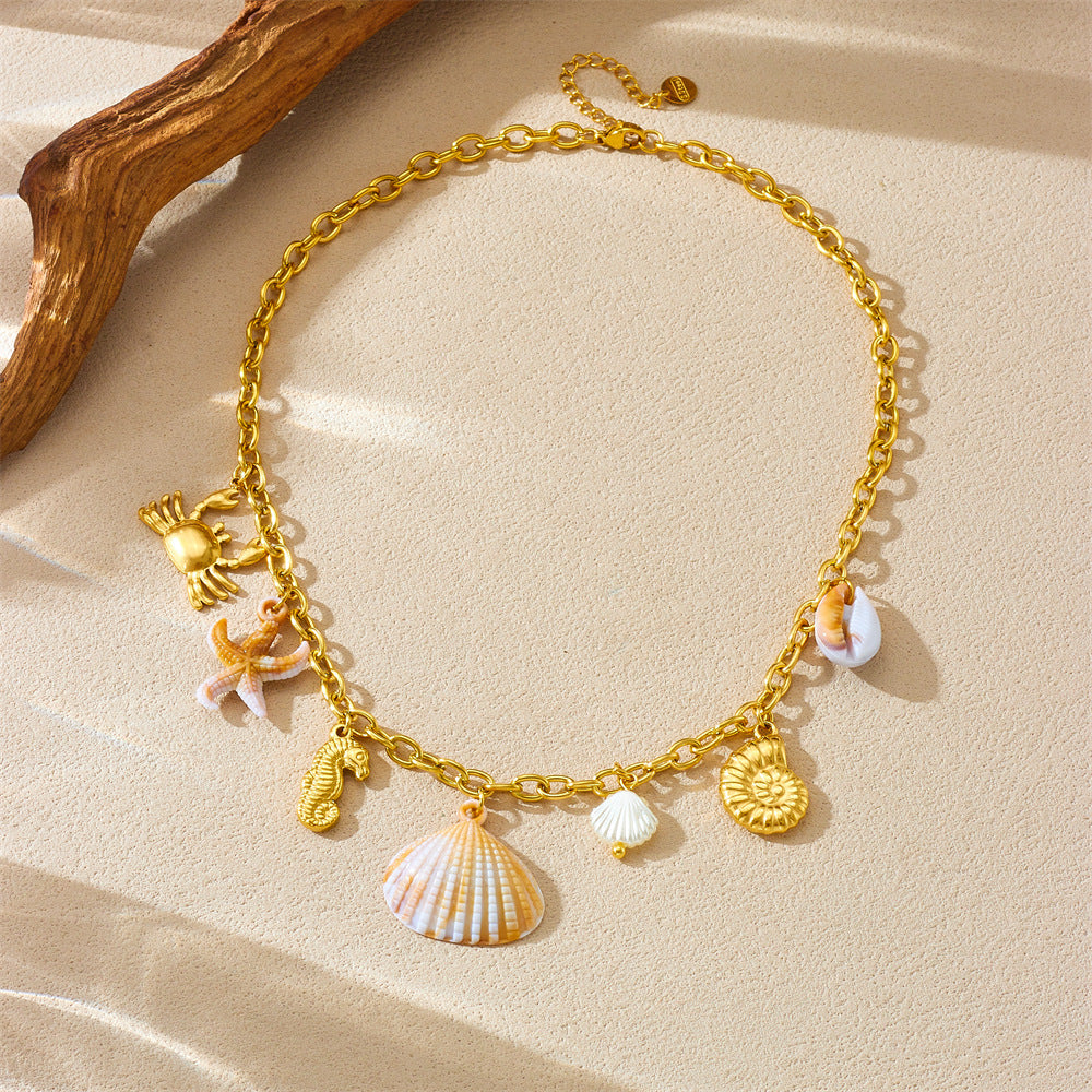 Personalized Ocean-Themed Pendant Necklace for Women with Gold-Plated Stainless Steel Conch Scallop Dolphin and Crab Charms on O-Chain