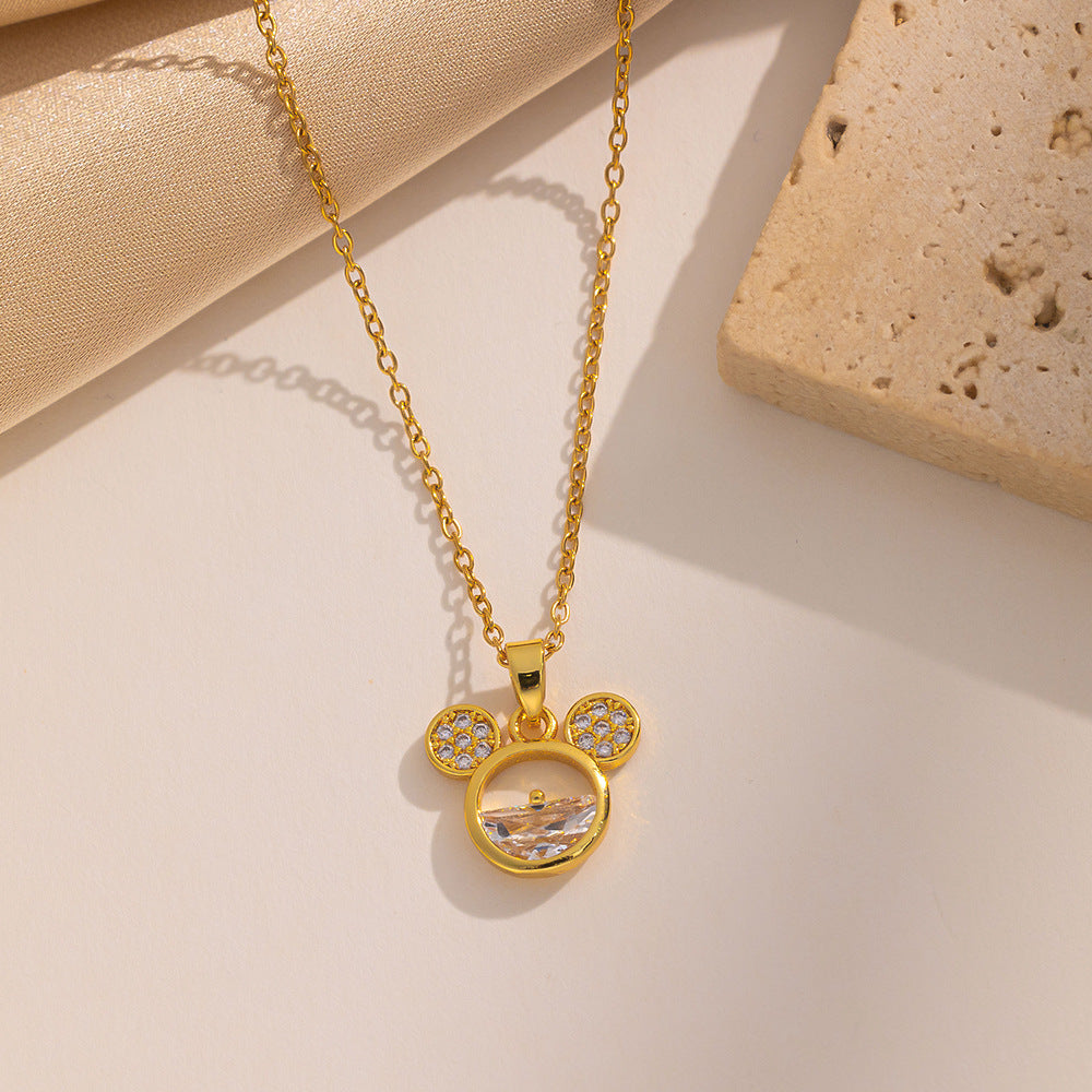 Collana con ciondolo in strass di Topolino stile cartone animato carino da donna in acciaio al titanio con finitura galvanizzata, catenina a maglia O, gioiello di moda stile medaglione