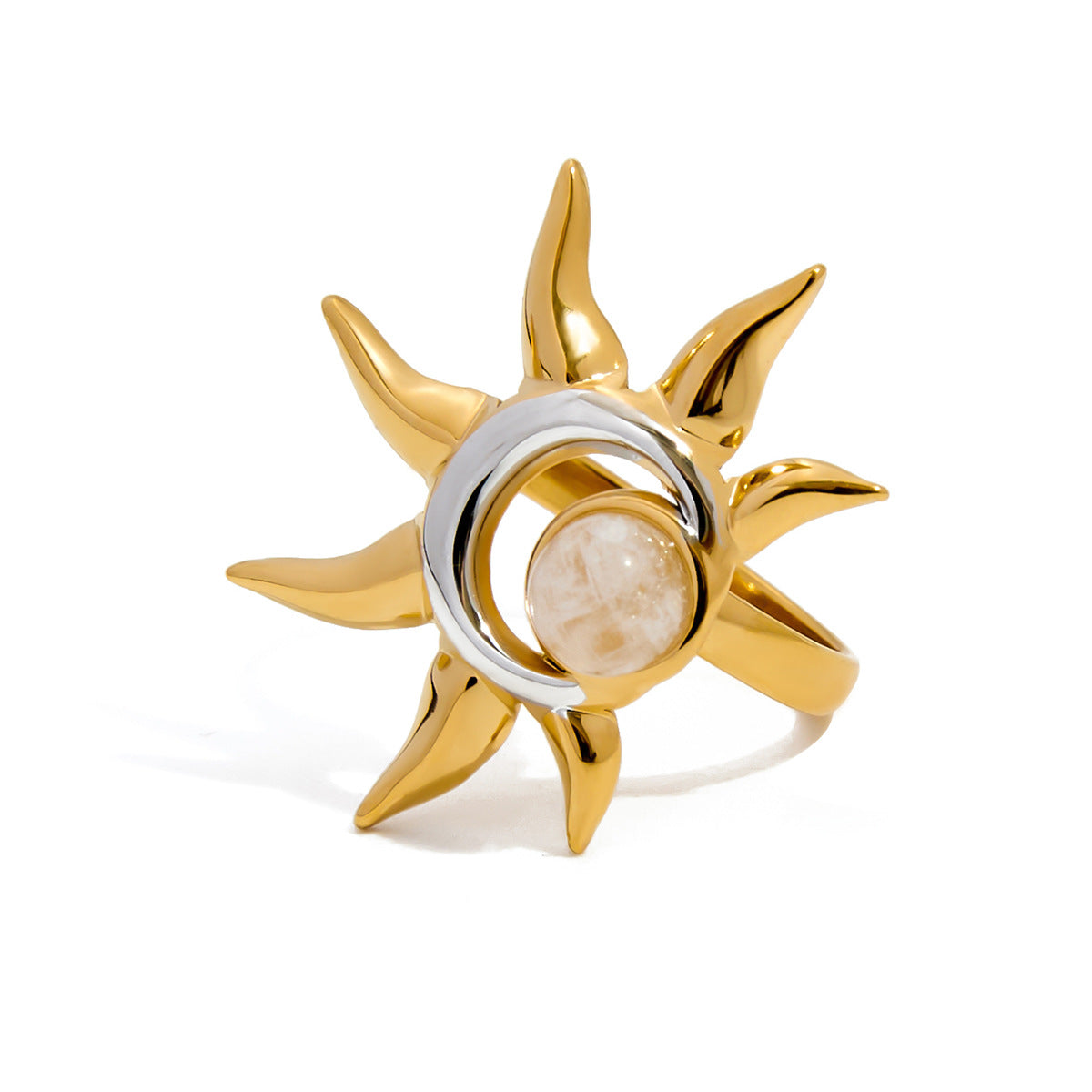 Anello in Acciaio al Titanio Geometrico a Forma di Sole con Finitura Placcata per Donne con Accento Pietra di Luna Accessorio di Moda