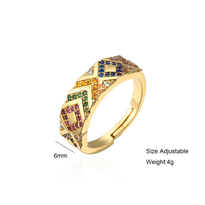Anello geometrico minimalista in rame con placcatura in oro e zirconi colorati micro-incastonati per donna