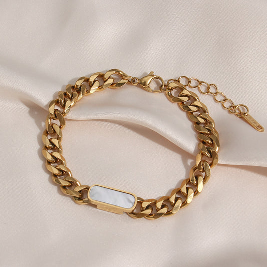Vintage Geometric Stainless Steel Cuban Link Bracelet and Necklace Set with Plated Finish