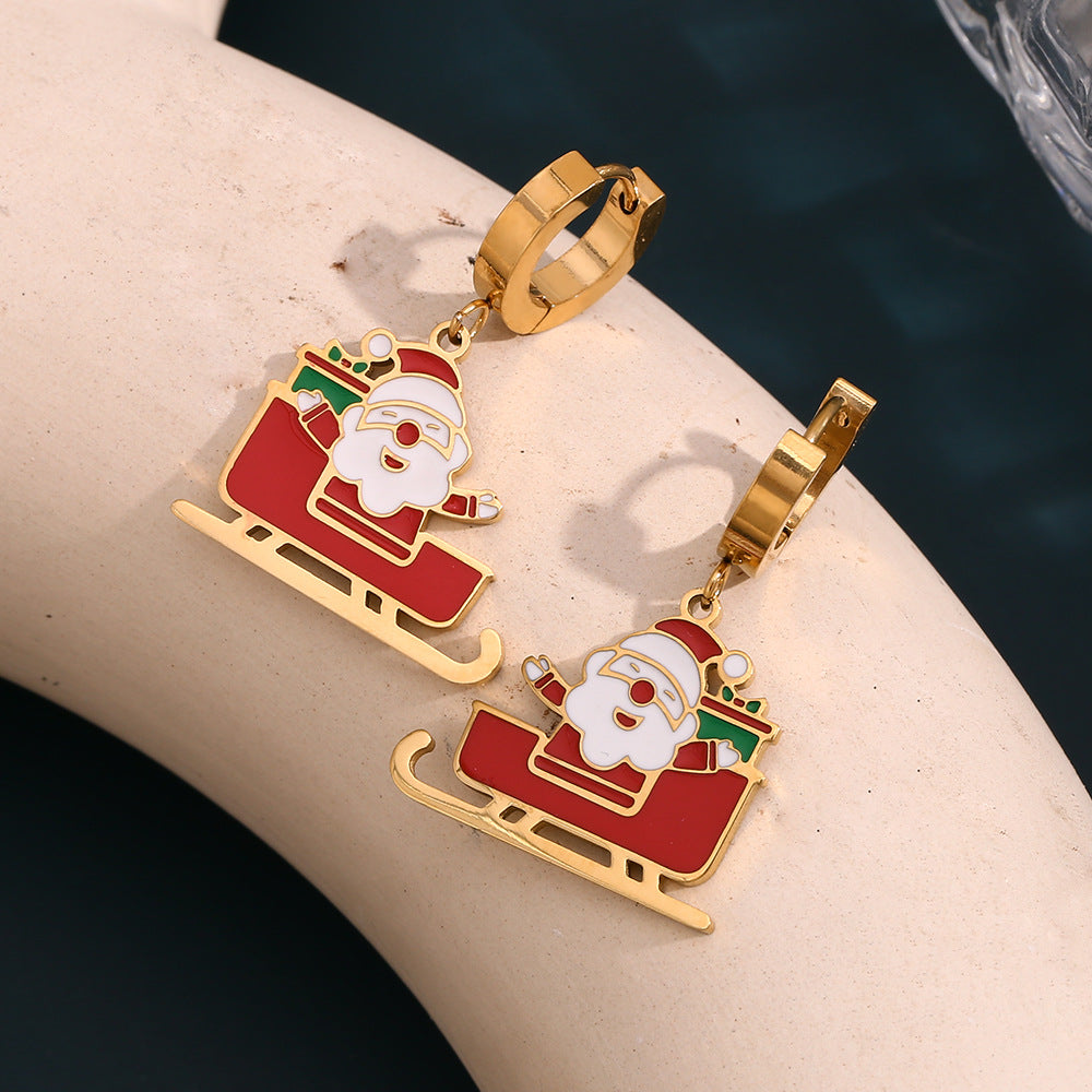 Fashionable Cartoon Santa Claus Sled Earrings in Stainless Steel with 18K Gold Plating and Enamel Finish for Christmas