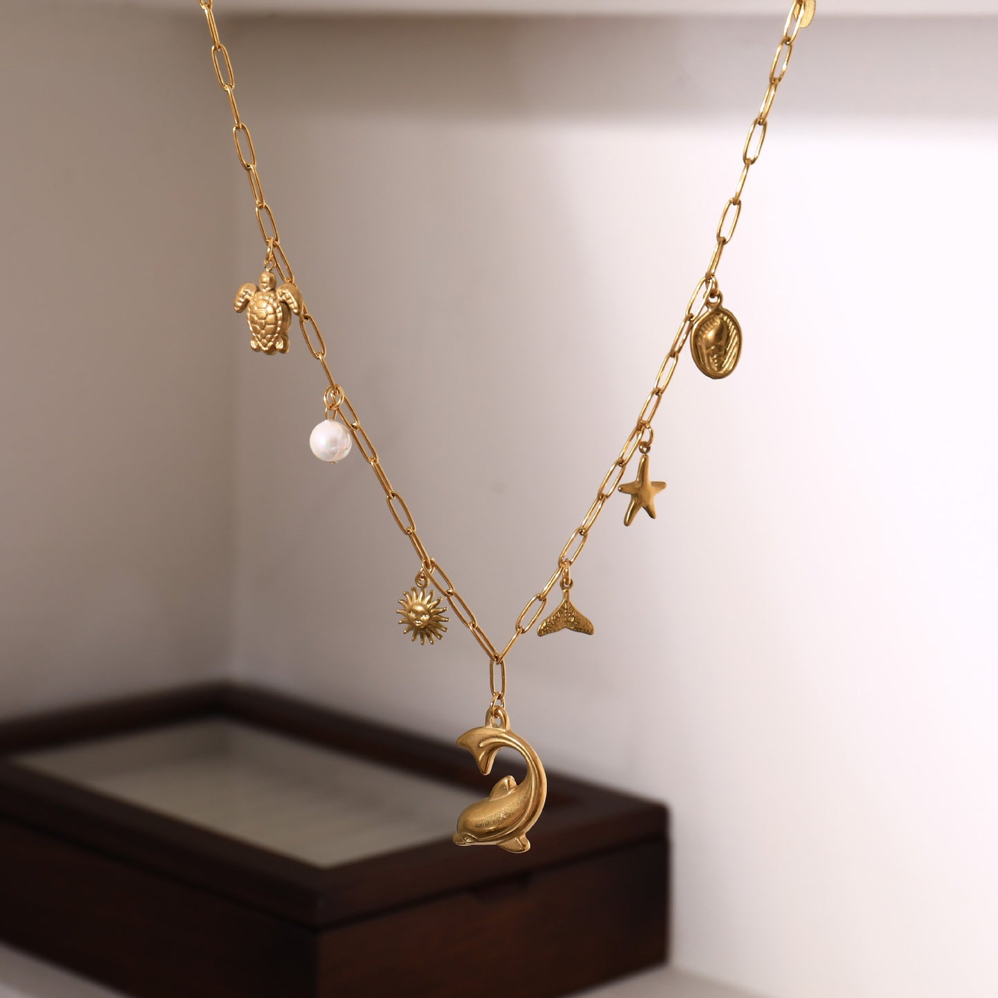 Sweet Plated Titanium Steel DIY Charm Bar Necklace with Pearl Star Animal Pendants Unisex Corn Chain 15g