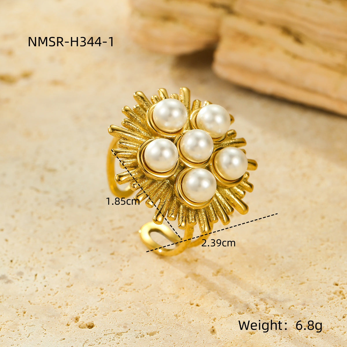 Anello Aperto a Linea Irregolare d'ispirazione Vintage con Accenti di Perle in Acciaio Inossidabile Placcato Oro 18K da Donna
