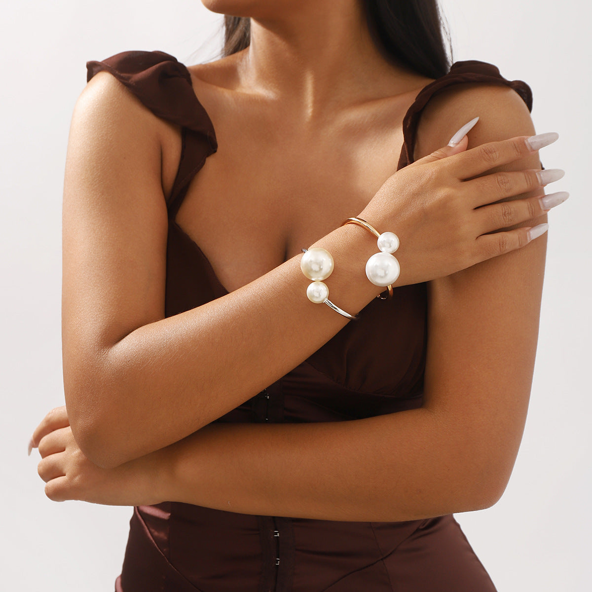 Sweet and Edgy Geometric Alloy Bracelet with Simulated Pearl Accents and Spring Closure