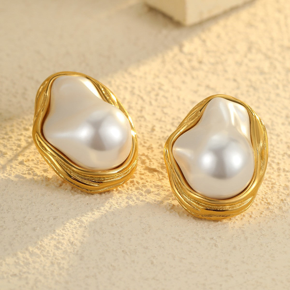 Elegant French-Style Baroque Pearl Earrings in Stainless Steel with Floral and Geometric Design, Electroplated Finish for Women