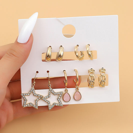 Vintage Minimalist Geometric Star Alloy Plated Rhinestone and Crystal C-Hoop Earrings Set