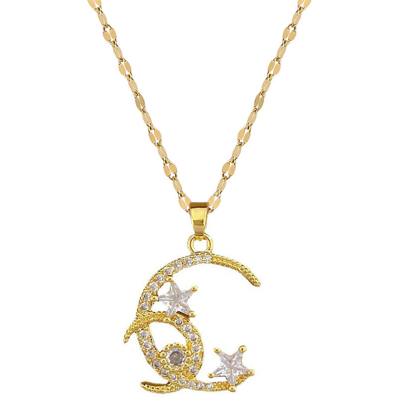 Collana con ciondolo a luna e stella geometrica in acciaio al titanio di lusso da donna