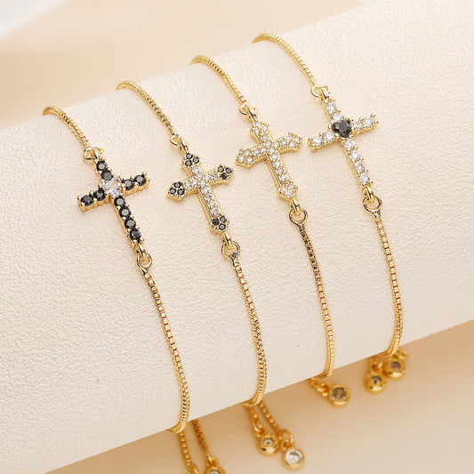 Vintage Minimalist 18K Gold Plated Brass Cross Bracelet with Cubic Zirconia for Women