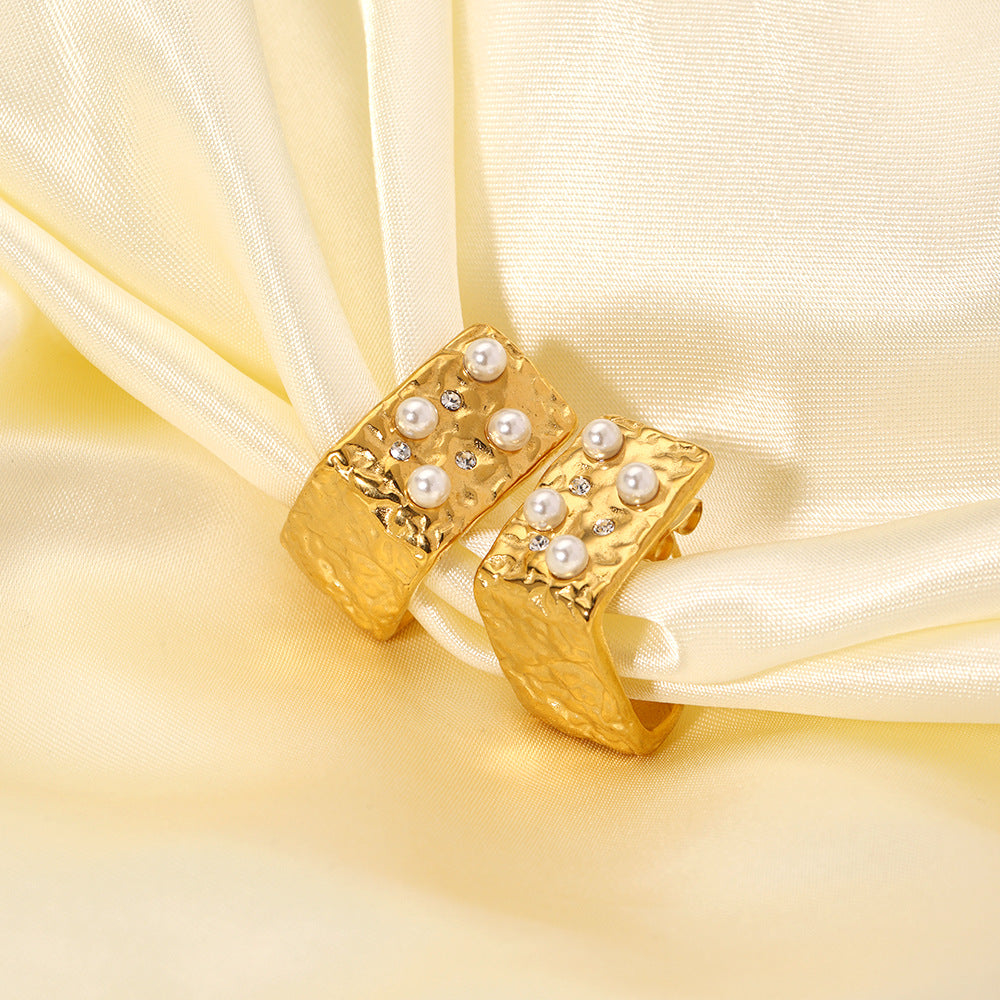 Orecchini da donna quadrati geometrici vintage francesi placcati oro 18 carati in acciaio inossidabile con perle