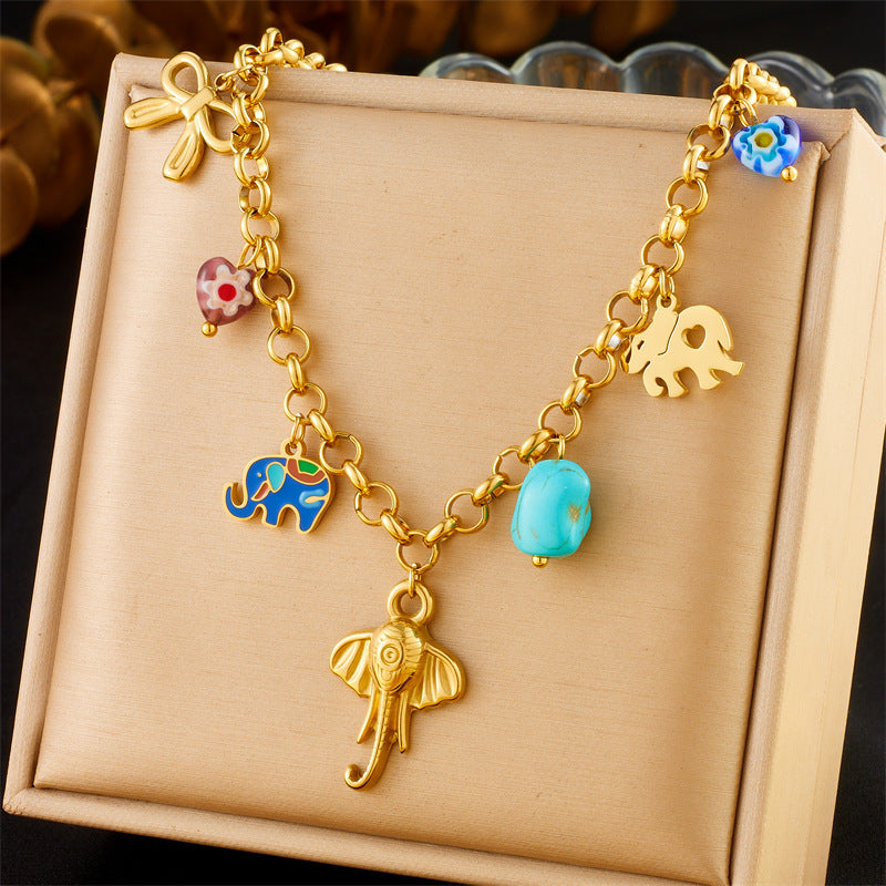 Sweet Cartoon Round Hollow Drip Oil Elephant Pendant Stainless Steel Necklace for Women