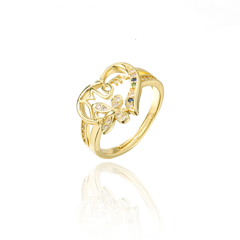 Sweet 18K Gold Plated Geometric Heart Micro-inlaid Brass Ring for Women