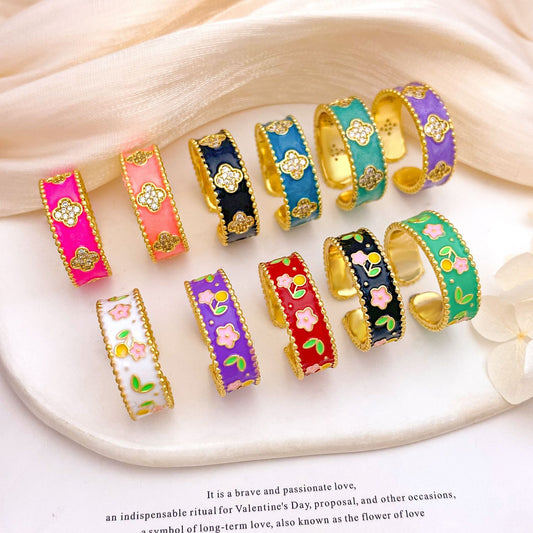 Anello da donna vintage elegante in lega placcata con smalto floreale