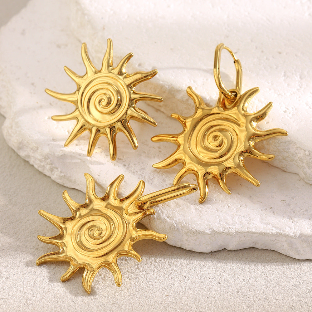 Minimalist Sun-Shaped Stainless Steel Plated 18K Gold Earrings for Women