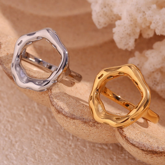 Minimalist Geometric Stainless Steel Ring with 18K Gold Plating and Hollow Design for Women