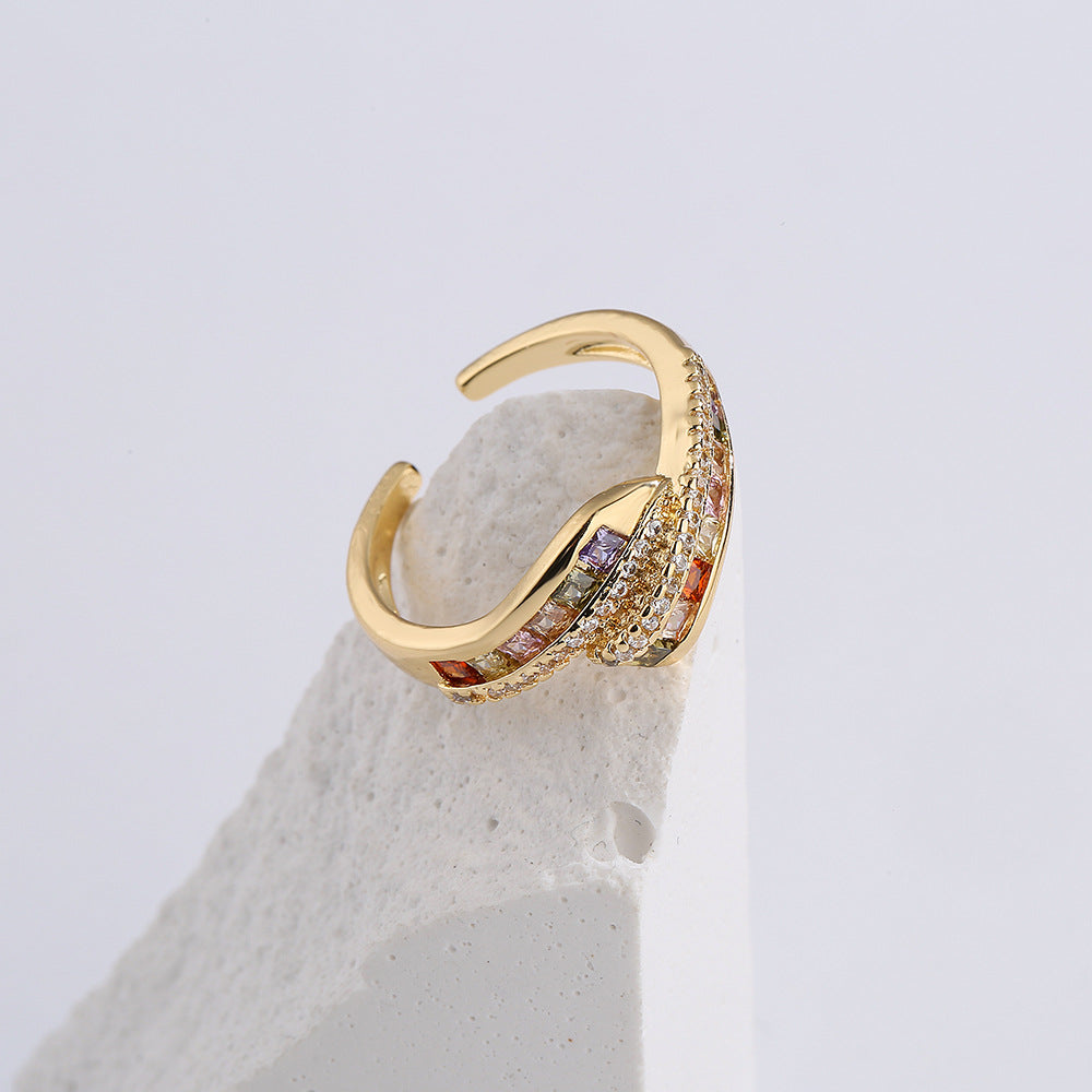 Anello Aperto Geometrico da Donna in Rame Placcato Oro 18K con Zirconi Colorati Micro-Incastonati