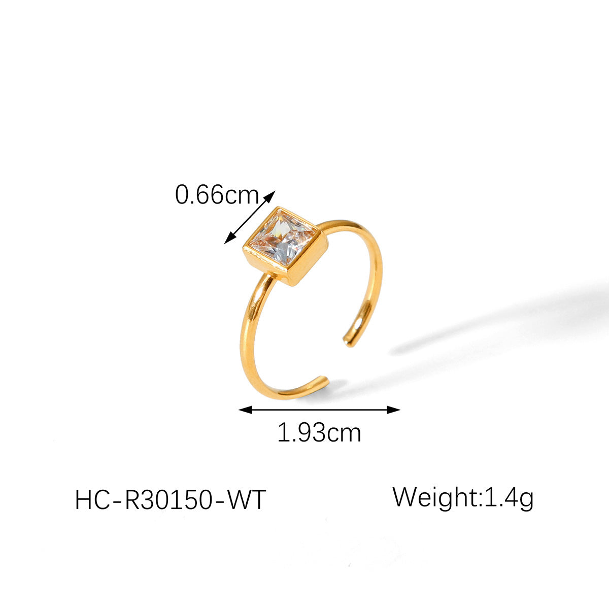 Minimalist Geometric Open Ring for Women in Titanium Steel with 18K Gold Plating and Square Zircon Inlay