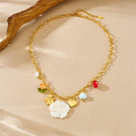 Chic Gold Plated Heart Strawberry Floral Stainless Steel Necklace for Women