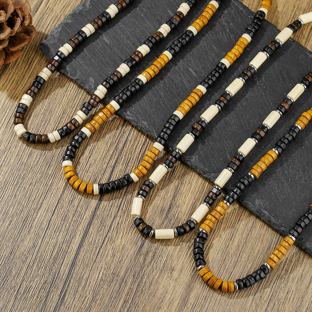 Vintage Gothic Geometric Round Coconut Shell Pendant Necklace with Wood Beads Cable Chain Unisex