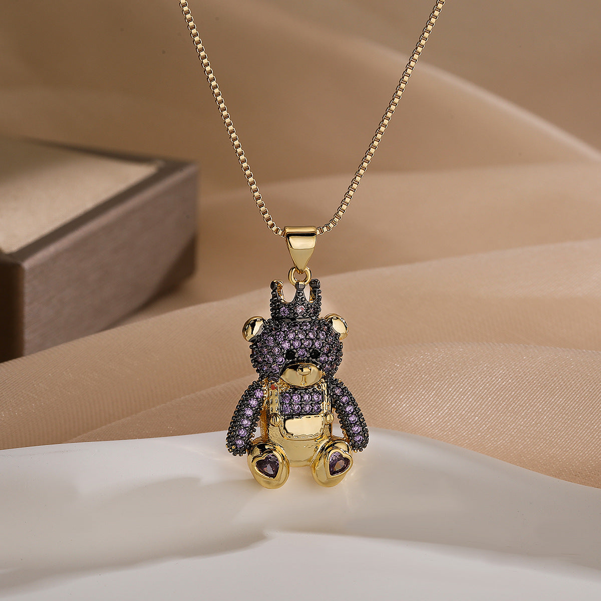 Minimalist Bear-Shaped Copper Pendant Necklace with 18K Gold Plating and Zircon Accents for Women