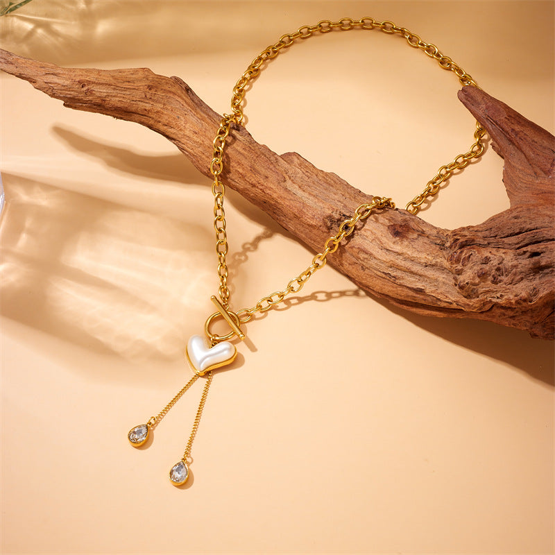 Vintage Fashion Pearl Heart Pendant Stainless Steel Gold Plated Necklace with Tassel and OT Clasp