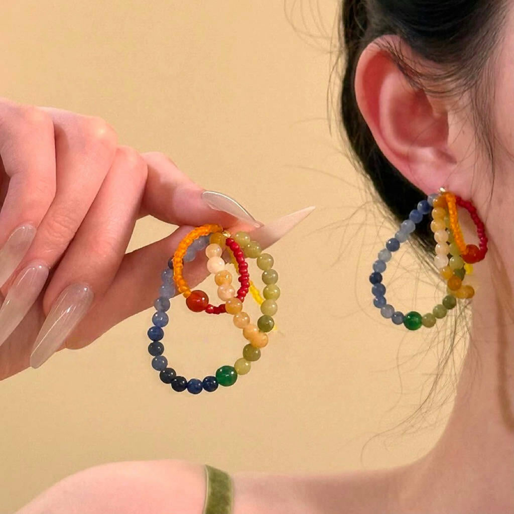 Sweet Vintage Geometric Round Natural Stone Earrings with 925 Sterling Silver Posts for Women