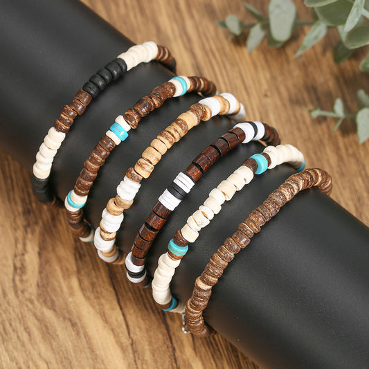Bohemian Geometric Wood and Stainless Steel Beaded Bracelet for Men and Women