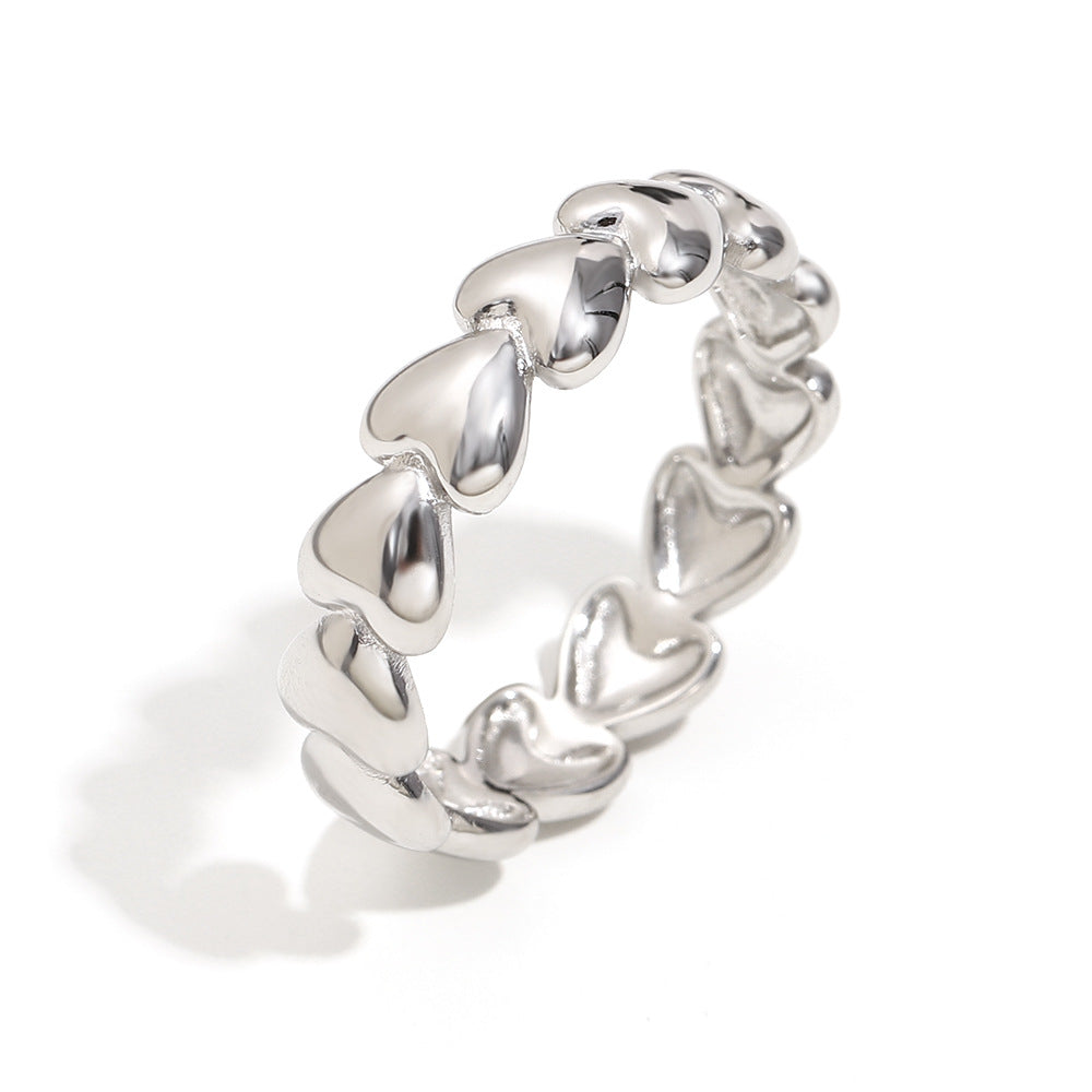 Fashionable Heart-Shaped Stainless Steel Ring with 18K Gold Plating, Hollow Star and Beaded Edge Design, Multi-Layer Zircon Accent, Office-Appropriate Minimalist Jewelry for Women