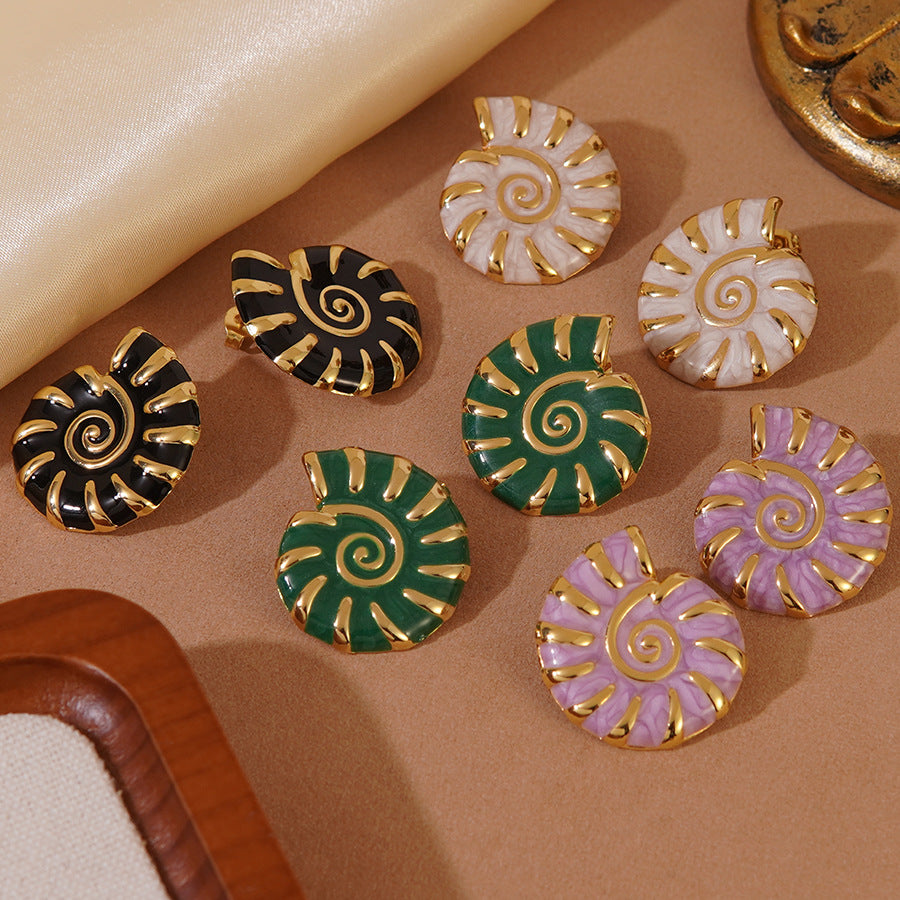 Vintage Drip Oil Stainless Steel Conch Earrings for Women