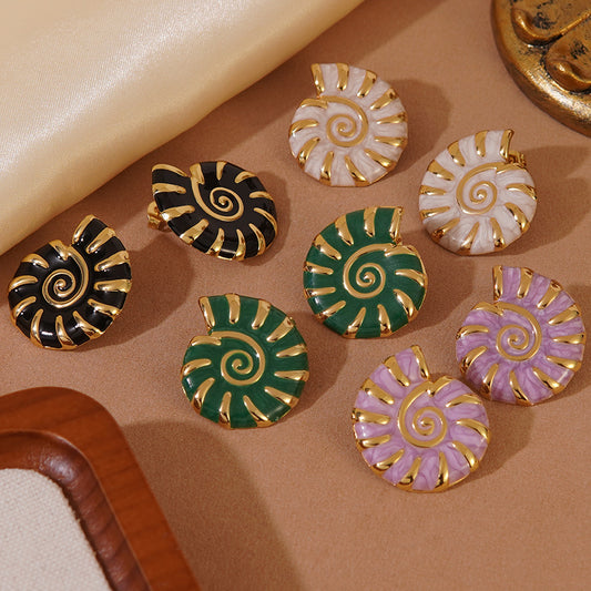 Pendientes de caracola de acero inoxidable con goteo de aceite vintage para mujer