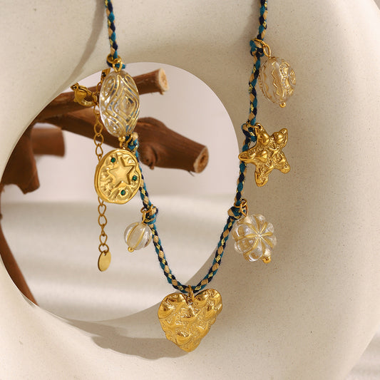 Minimalist Heart-Shaped Stainless Steel Plated 18K Gold Pendant Necklace with Colorful Cord and Retro Beads
