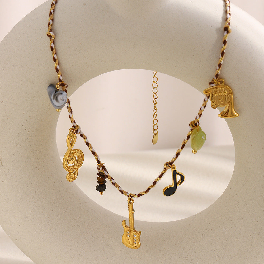Minimalist Guitar-Shaped Pendant Necklace for Women Stainless Steel with 18K Gold Plating and Colorful Cord