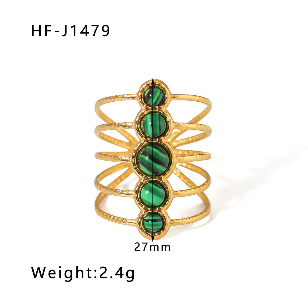 Vintage Geometric Round Emerald Green Natural Stone Stainless Steel Ring with 18K Gold Plating